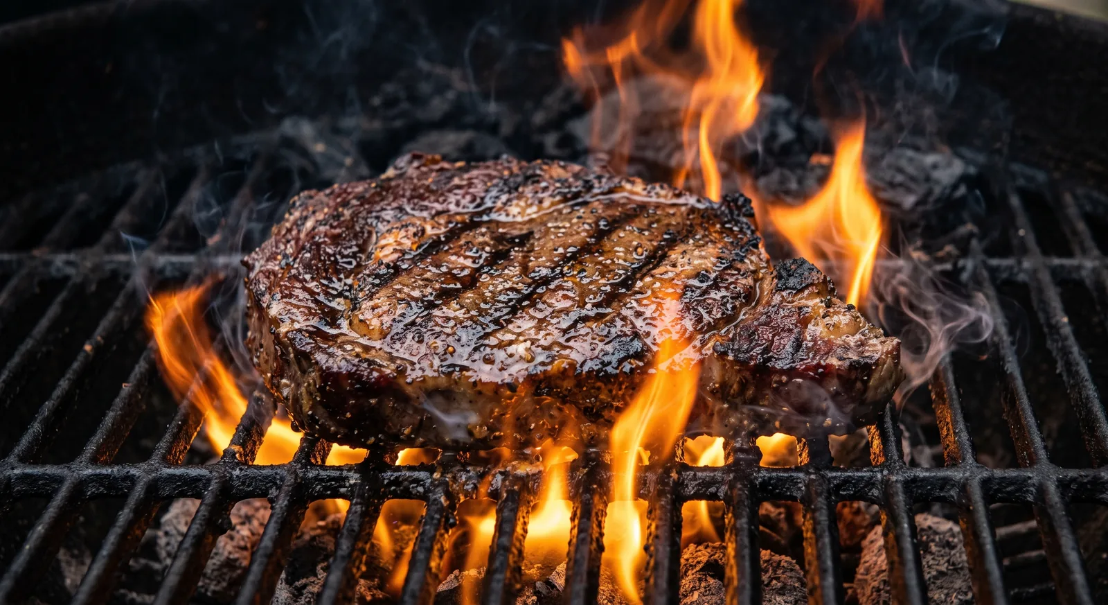 En biff på grillen, direkt över öppen låga.