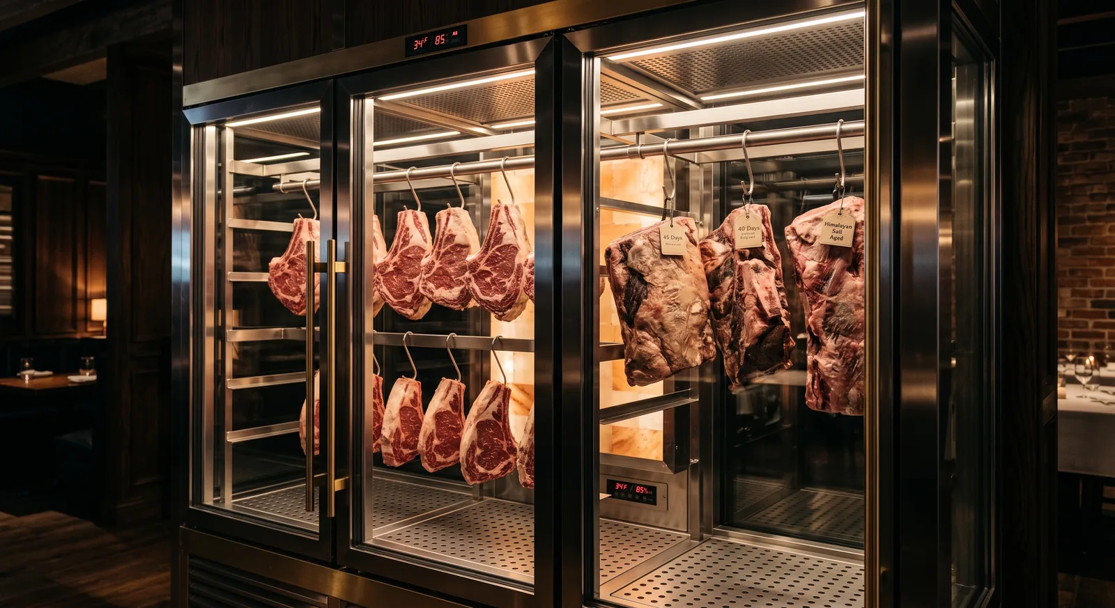 Hängmörat kött i BŒFs mognadsskåp.