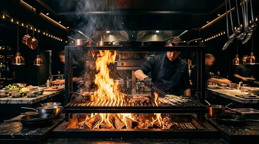 Kock vid den öppna grillen på BŒF.